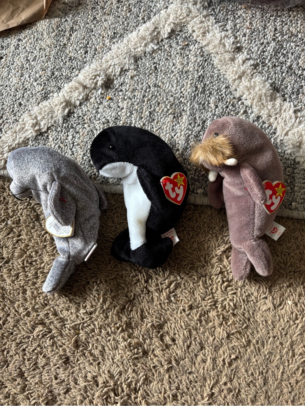 Ty Beanie Babies Set - Black & White Whale, Gray Seal, Brown Manatee